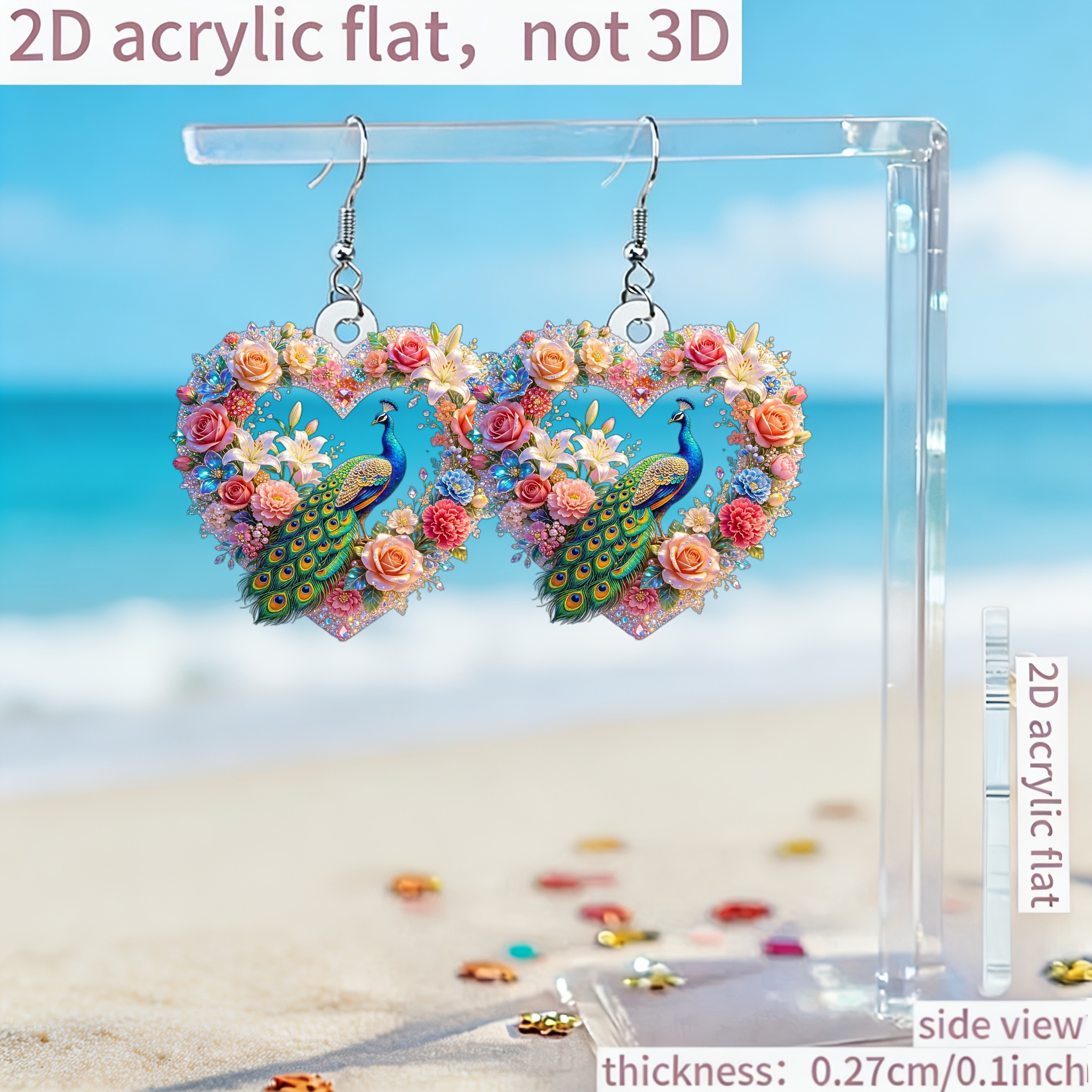 Women's 2D Flat Heart Flower Peacock Acrylic Stud Earrings